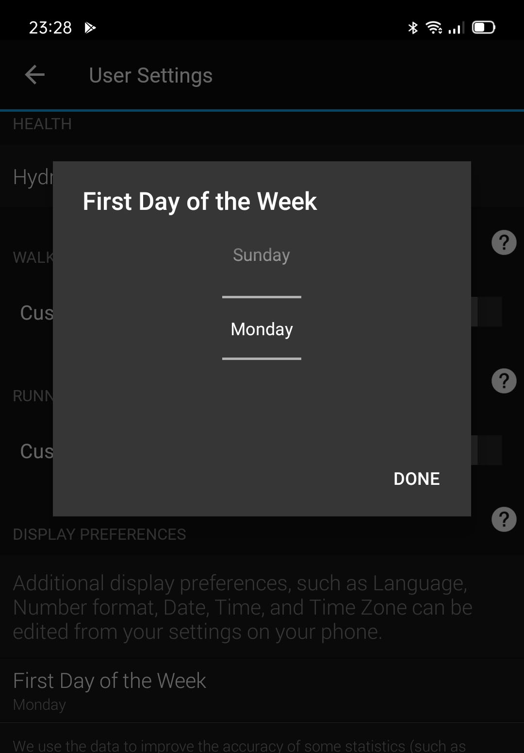 Connect app first day of the week configuration